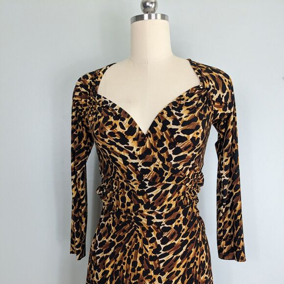 Normal Kamali Wrap Dress M Brown Short Leopard Animal Print Work Career Sleeve - Picture 4 of 12